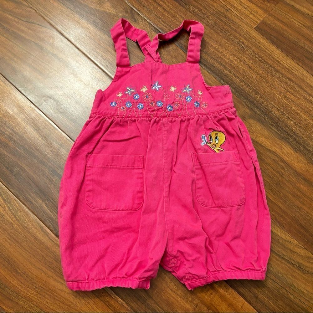 Looney Tunes Tweety Bird vintage hot pink embroidered overall shorts